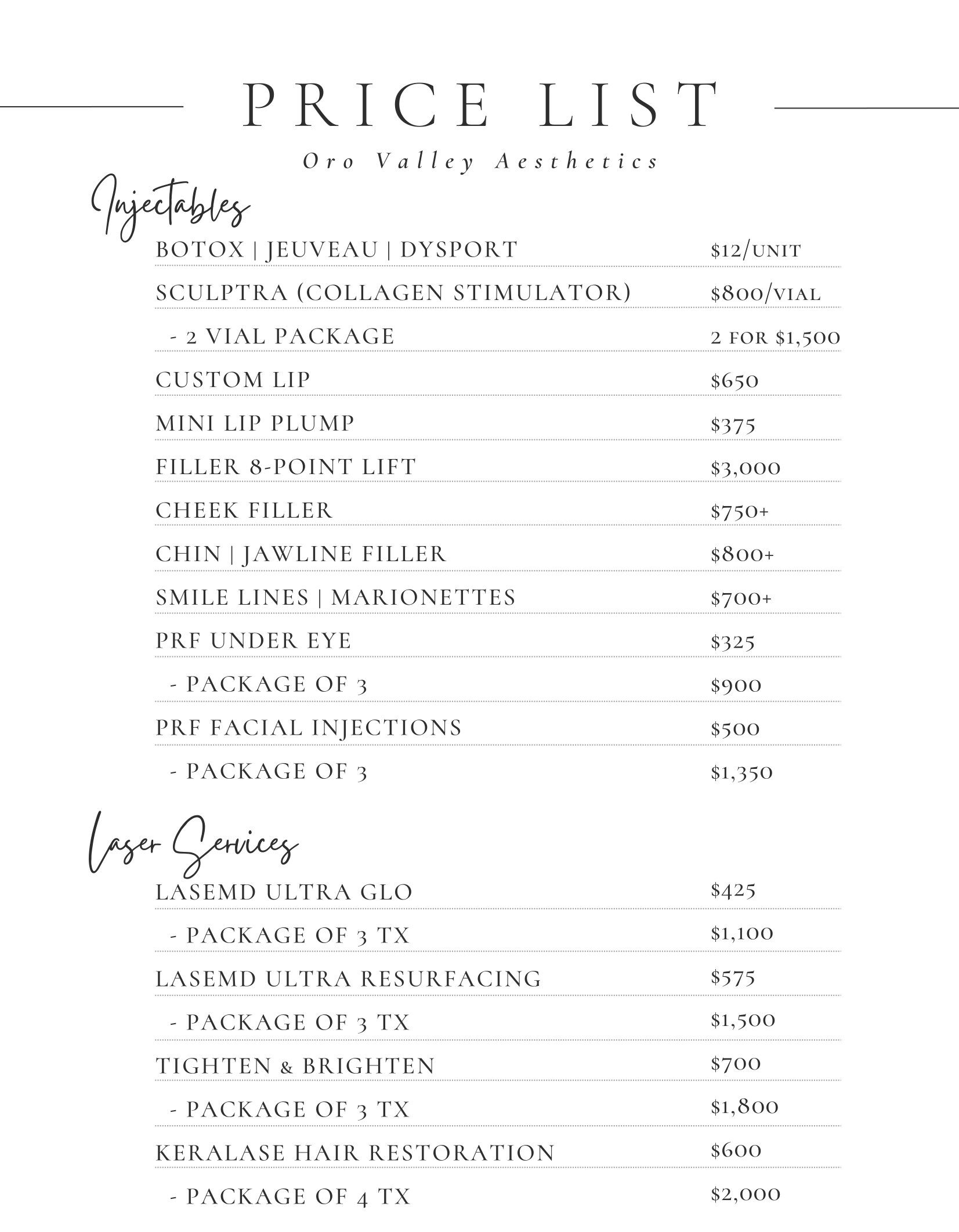 Pricing Oro Valley Aesthetics Oro Valley, AZ